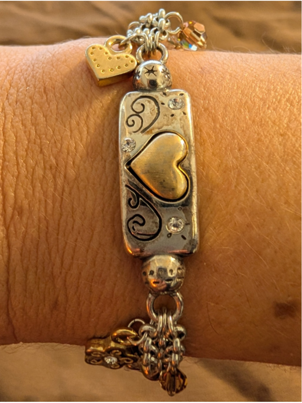 Brighton Remember Your Heart Bracelet J38342 Two Tone Crystal Charm 7.25"